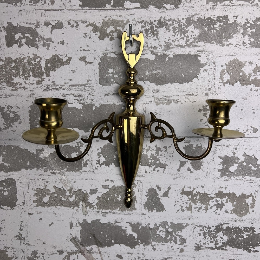 Pair Vintage Brass Wall Sconce Double Candle Holders MCM Regency 11"x10"x4"